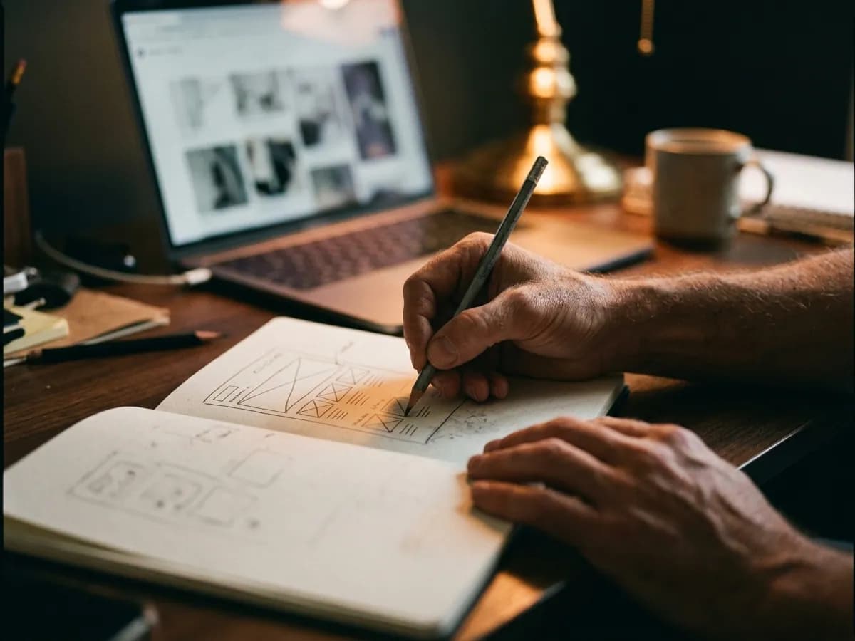 Hände skizzieren mit Bleistift ein Website-Layout in ein Notizbuch, dahinter Laptop, Kaffeetasse und Messinglampe
