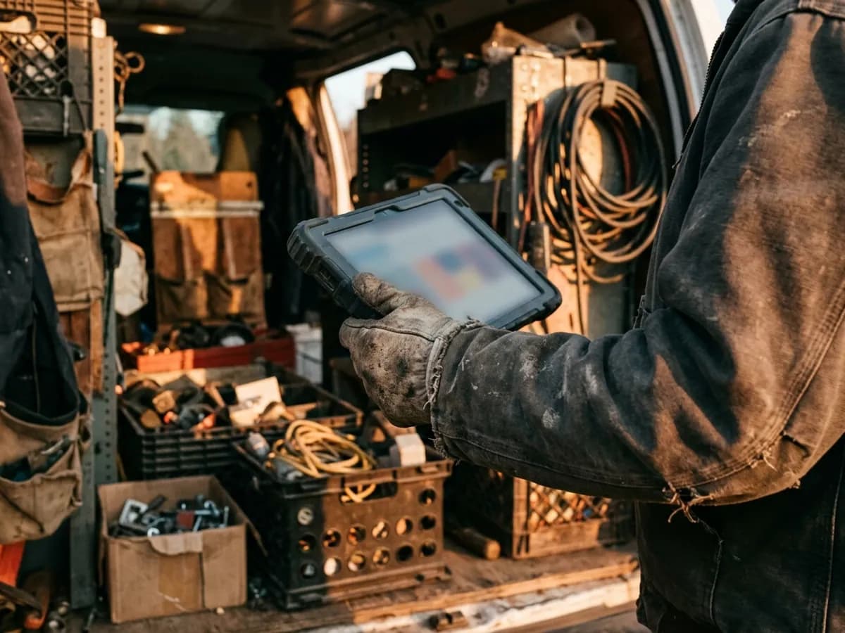 Hand mit Arbeitshandschuh hält am offenen Werkstattwagen ein robustes Tablet, dahinter Werkzeugregale, Kisten und Kabelrollen
